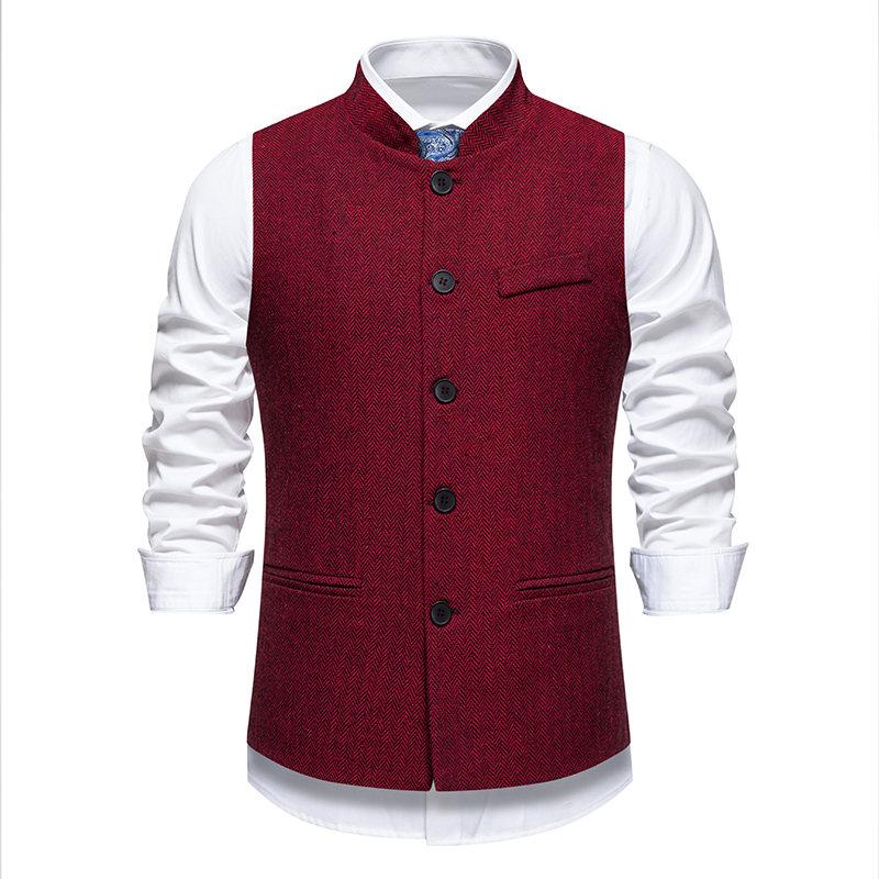 Autumn British Style Retro Vest For Men Fashion Stand Collar Herringbone Coarse Tweed Suit Vest Waistcoat Vintage Gentleman