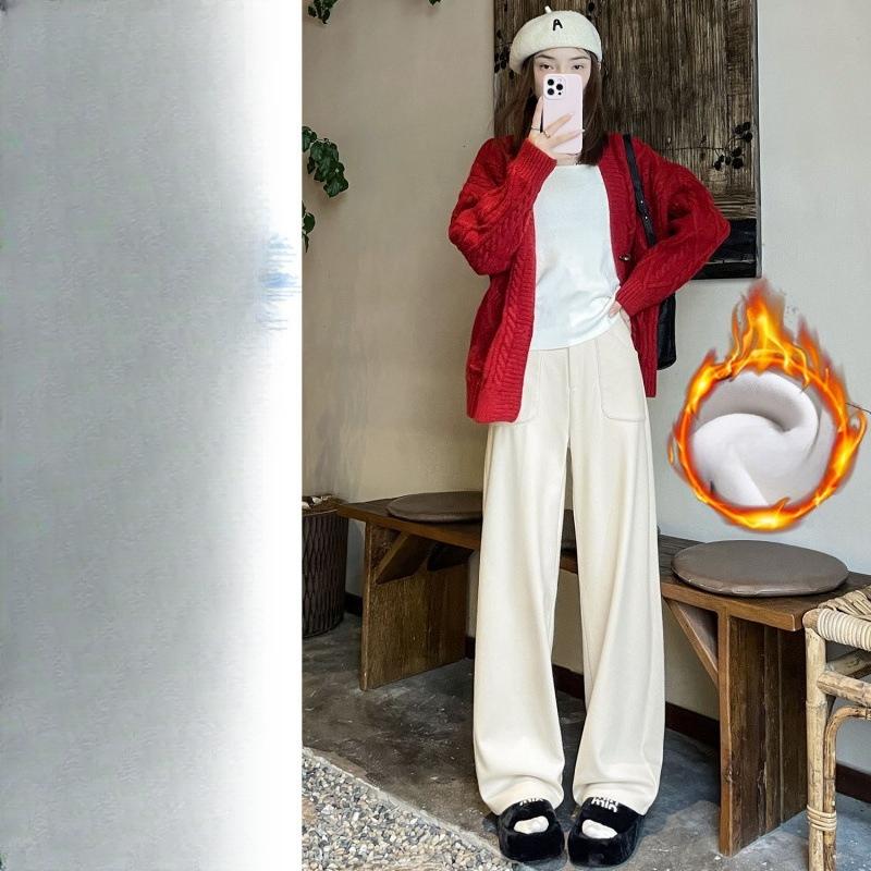 Šedé tvídové kalhoty pro ženy na podzim a zimu, Rovné úzké široké kalhoty s vysokým pasem