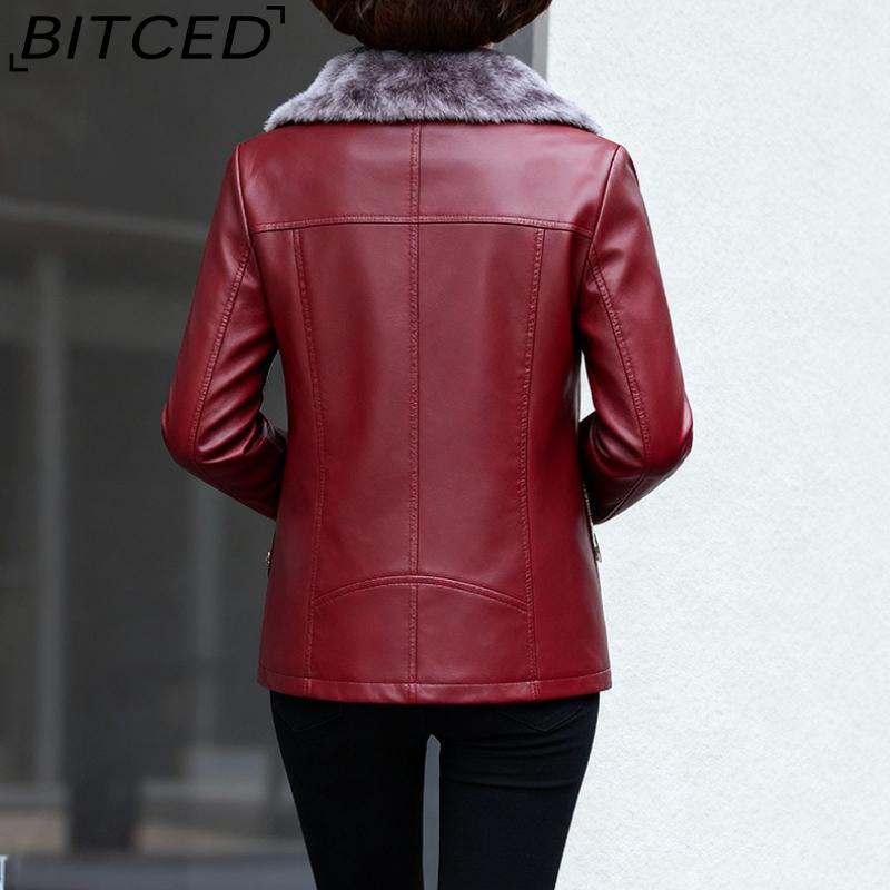 BITCED PU Leather Jacket Casual Plus Size Fleece-Lined Thickened Middle-Aged and Elderly Leather Jacket