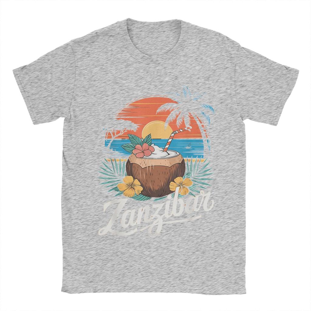 Tanzania Zanzibar Africa Tramonto Spiaggia delle Palme Stile di Vita e Cocco Maglietta Estate Cotone Manica Corta Abbigliamento Vintage