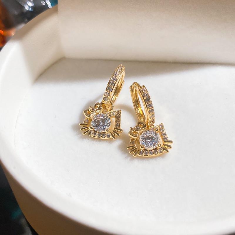 New shining zircon KT cat ear buckle exquisite cute style earrings light luxury high-end feeling great good-looking earrings women