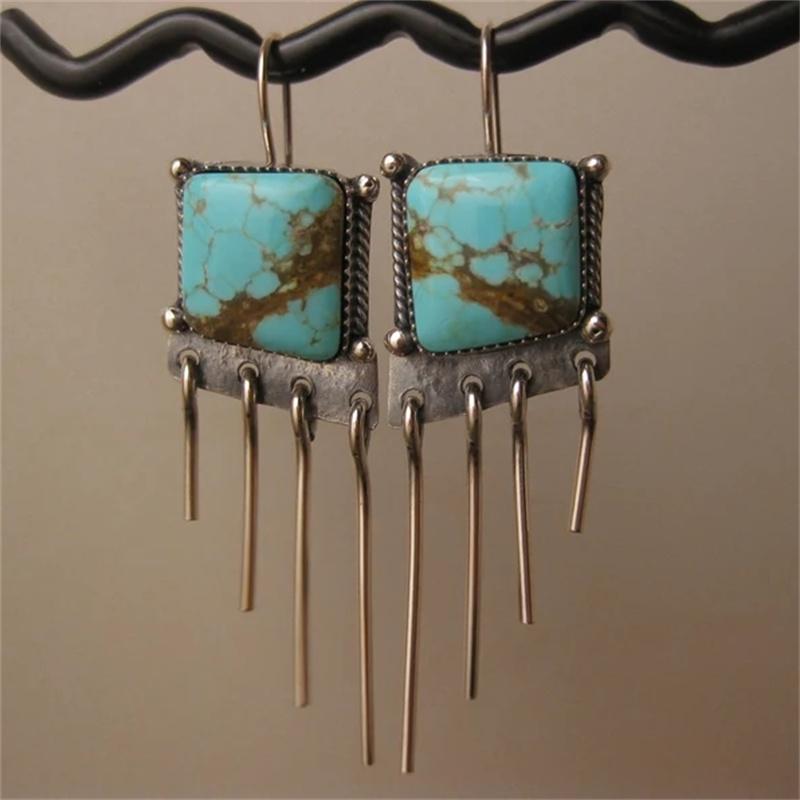 

Vintage Square Earrings Silver Color Blue Stone Party Dangle Earrings for Women
