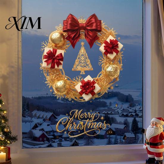 Removable Holiday Decals Christmas Wreath Static Window Sticker, Decorative for Glass Doors And Windows, Xmas Decorations PVC Wall Cling Home