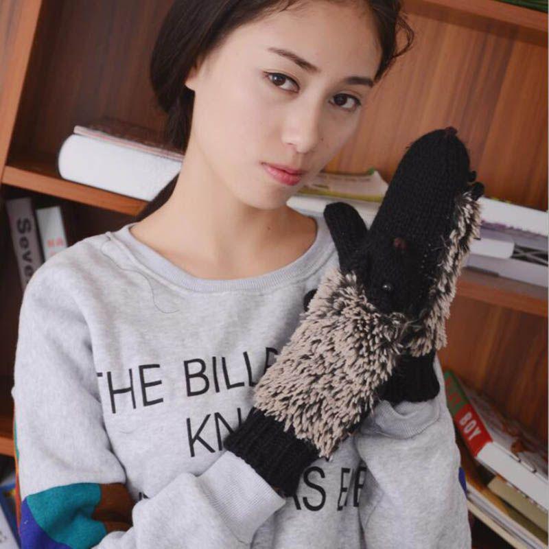 Cozy Women Girls Warm Cartoon Hedgehog Gloves Soft Knitted Winter Mittens