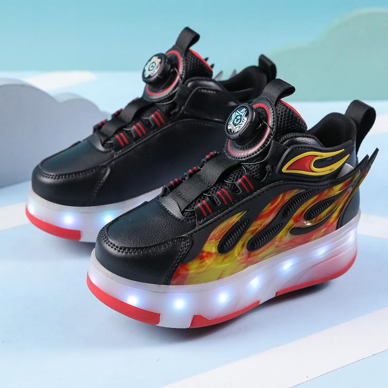LED Lights Kids Roller Skate Shoes Parkour Sneakers Running With 4 Wheels Detachable Invisible Roller Skates Rotation Button