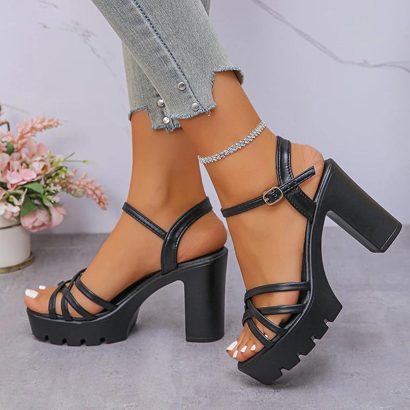 Fashion Women's Ankle Buckle High-Heeled Sandals New Style Cross Strap Platform Sandal Female 2025 Outdoor Thick Heel Sandalias Mujer