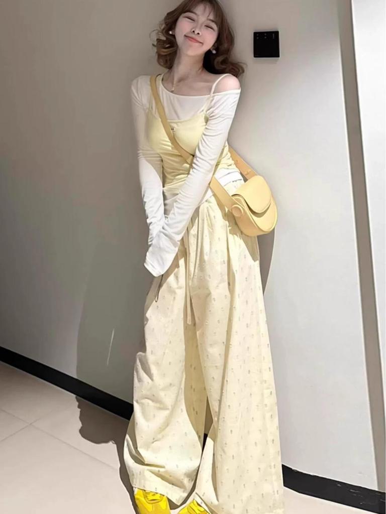 Women’s Summer High-Waist Dopamine Yellow Polka Dot Wide-Leg Pants | 145cm | Ice Silk | Petite Draping Style