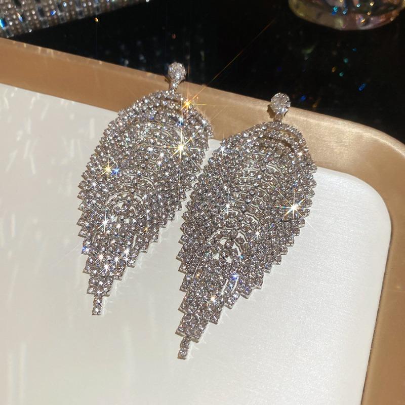 Silver Needle Diamond Leaf Tassel Earrings Luxury Exaggeration Heavy Industry Earrings Design Sense Niche Earrings Women