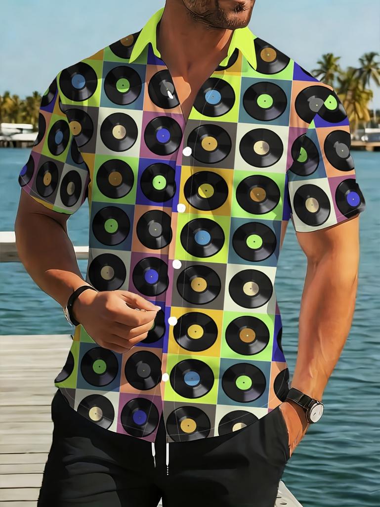 Retro Men's Printed Shirts Optical Disc Pattern Casual Shirt Oversized Top Beach Short Sleeved Hawaiian Style Shirts Men Clothes