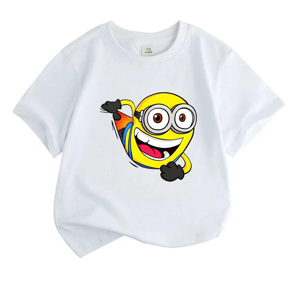 Cartoon Funny Yellow Round Face Character Print Kids 100% Cotton T-Shirt Boys Girls Crew Neck Short Sleeve Casual Lightweight Tee for Daily Wear Outdo