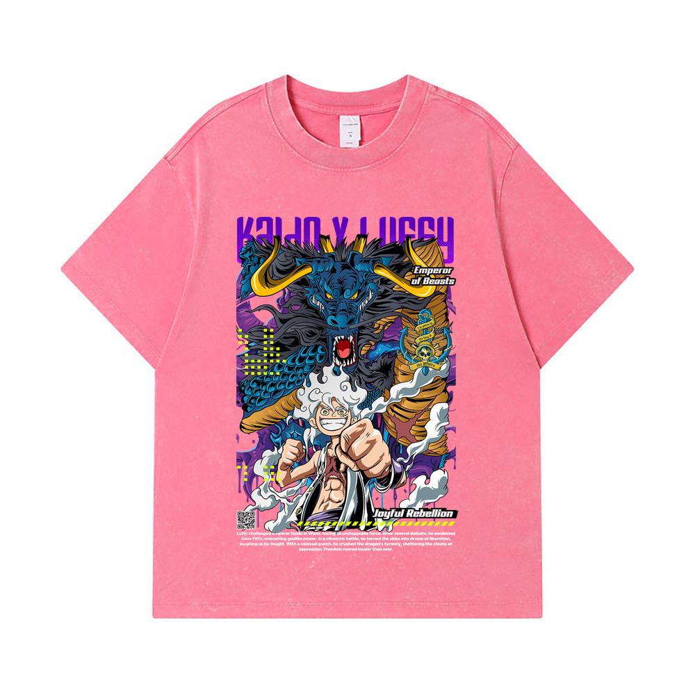 275 GSM Washed T-shirts 100% Cotton One Piece V35 Luffy Kaido Print Unisex Heavy Cotton T Shirt