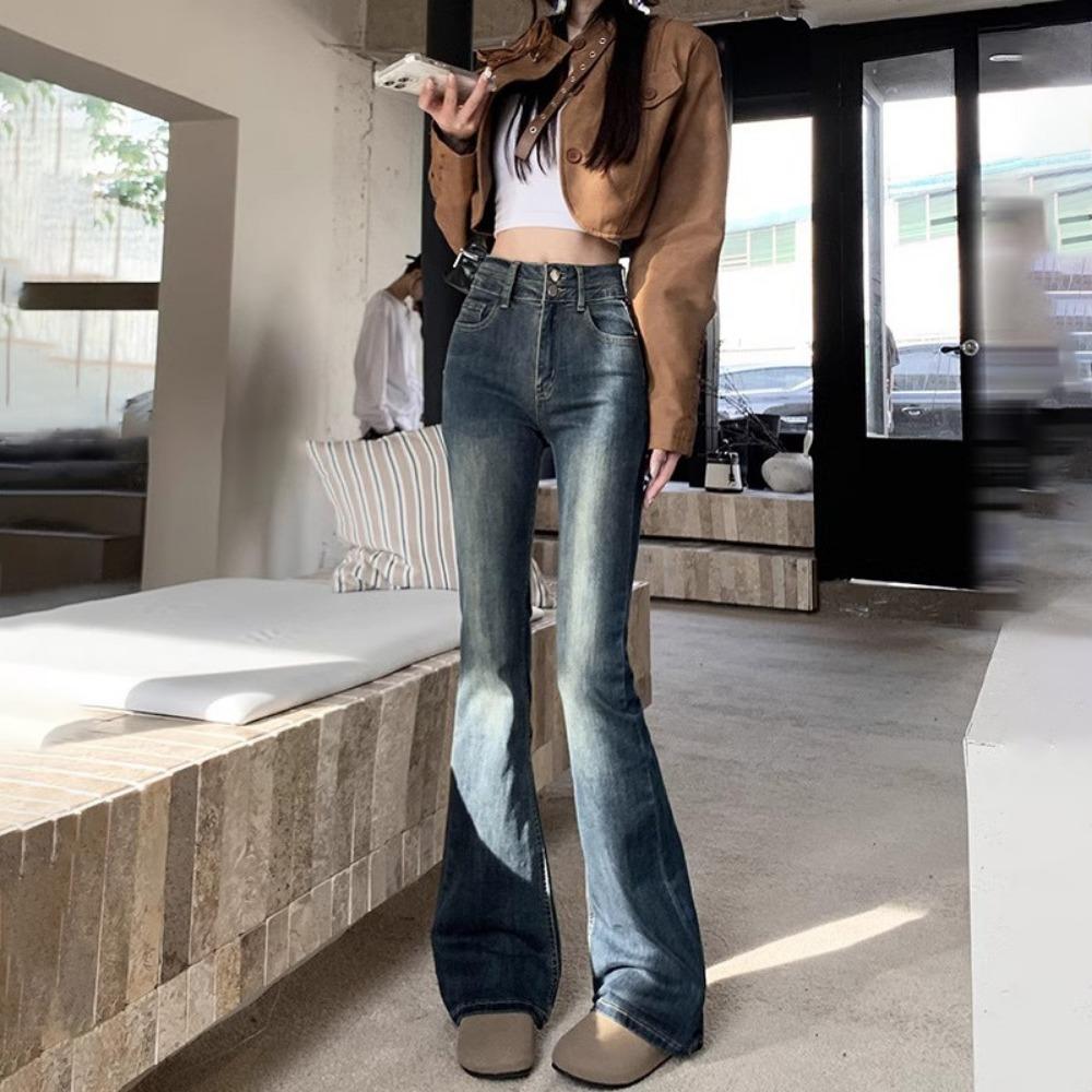 

Cement gray micro-flared jeans women s spring and autumn new high-waisted slim-fitting and thin versatile horseshoe jeans XL