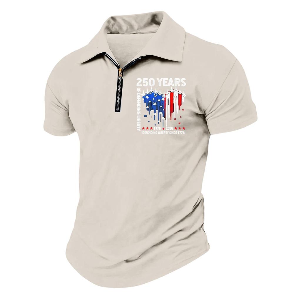 Men's Casual Loose Fit Polo Shirt Short Sleeve Top with Flag and Letter Print Suitable for Everyday Wear and Outdoor Activities