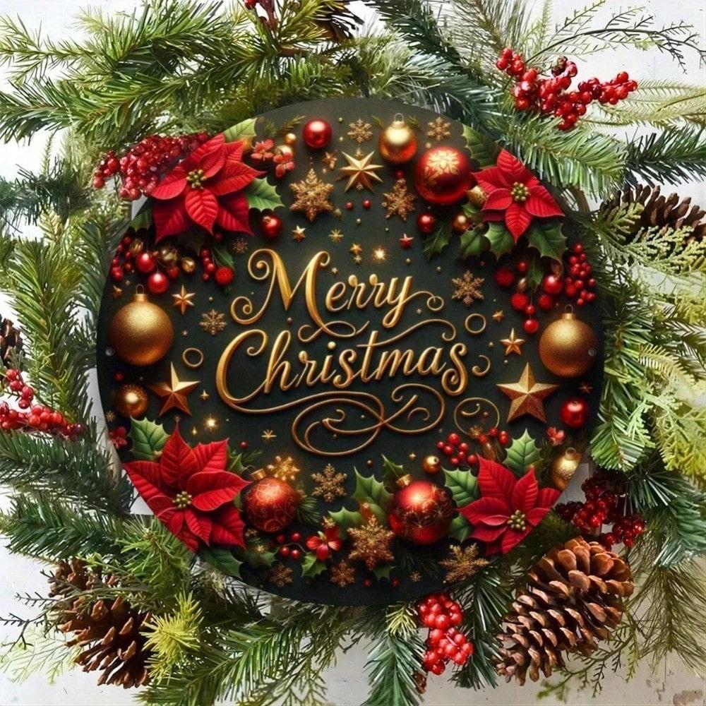 8" Round Cozy Christmas Wreath Metal Sign, Festive Tin Plate Holiday Wall Decor For Home Living Room Kitchen