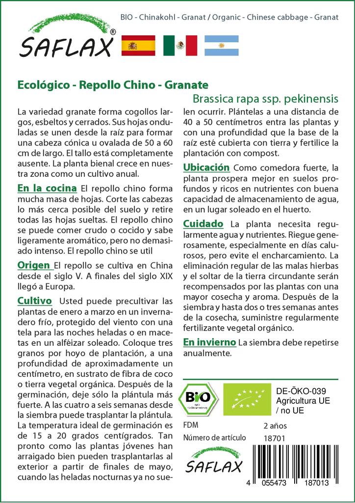 SAFLAX Garden In the Bag - Organic - Chinese Cabbage - Granat - 40 Seeds - With Substrate In a Fitting Stand Up Bag - Brassica Rapa