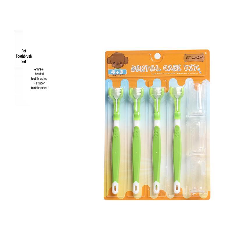 Pet Oral Care Set: Silicone Finger and Triple-Sided Toothbrush for Cats and Dogs 933 зелёный