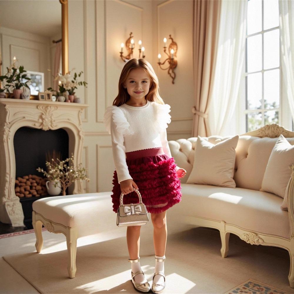 3-7Y Girls' Long-Sleeve T-Shirt + Skirt Children's Half-Skirt Spring/Fall Princess Tulle Skirt Long-Sleeve T-Shirt Puffy Skirt Set