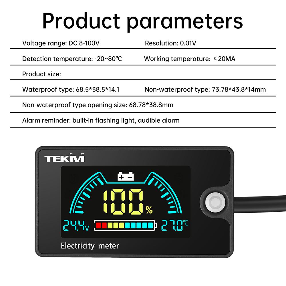DC8-100V Digital Voltmeter Universal Battery Capacity Indicator Waterproof/Temperature/Alarm 3-in-1 Voltage Tester Power Meter