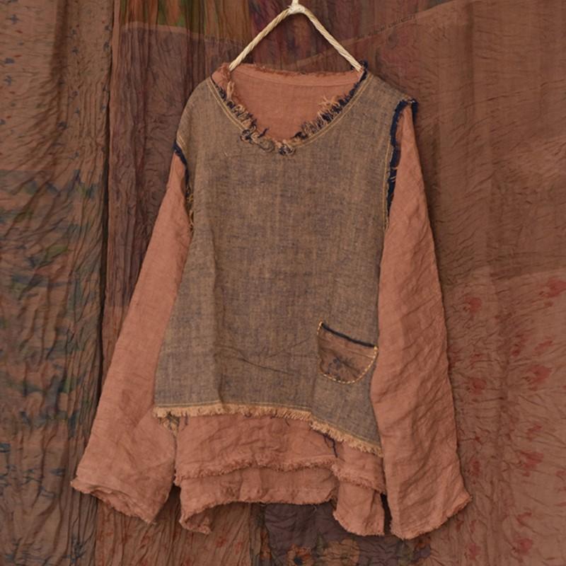 Johnature Vintage Damen T-Shirts Einfarbig Herbst T-Shirts O-Ausschnitt Langarm Stickerei Unregelmäßig Damen T-Shirts