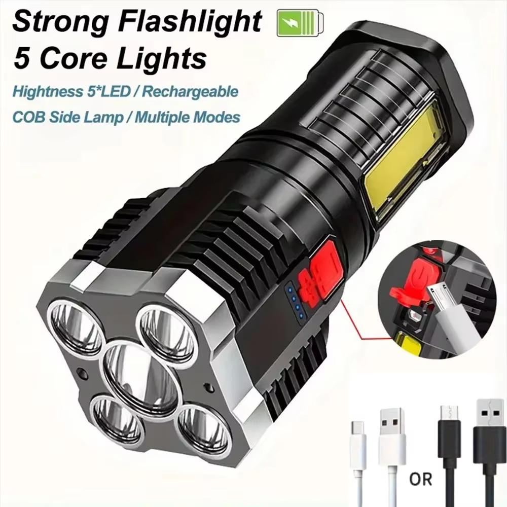 5LED Torch High Power Led Flashlights Powerful Work Light Rechargeable Camping COB Side Light 3 Modes Adventure Outdoor Lantern