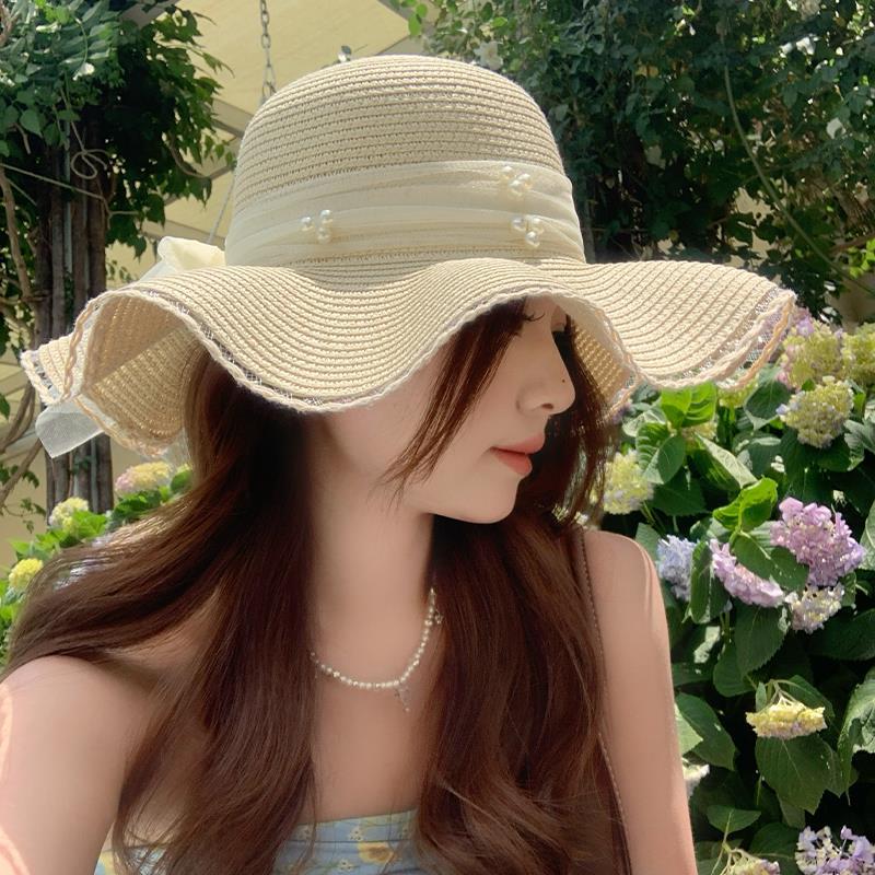 Lace pearl wavy edge bow straw hat women's summer sunshade seaside vacation big brim sun hat