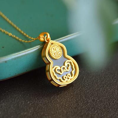 Design Original Jade Blanc Naturel Hetian Ping An Ruyi Gourde Pendentif Collier Unique Ancien Or Artisanat Charme Bijoux Dames