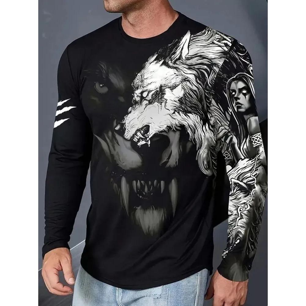 Fashion Men's Creative Portraits Animals 3D T-shirt Comfortable Soft Breathable Loose Large Casual Sports Versatile Round Neck Long Sleeve T-shirt