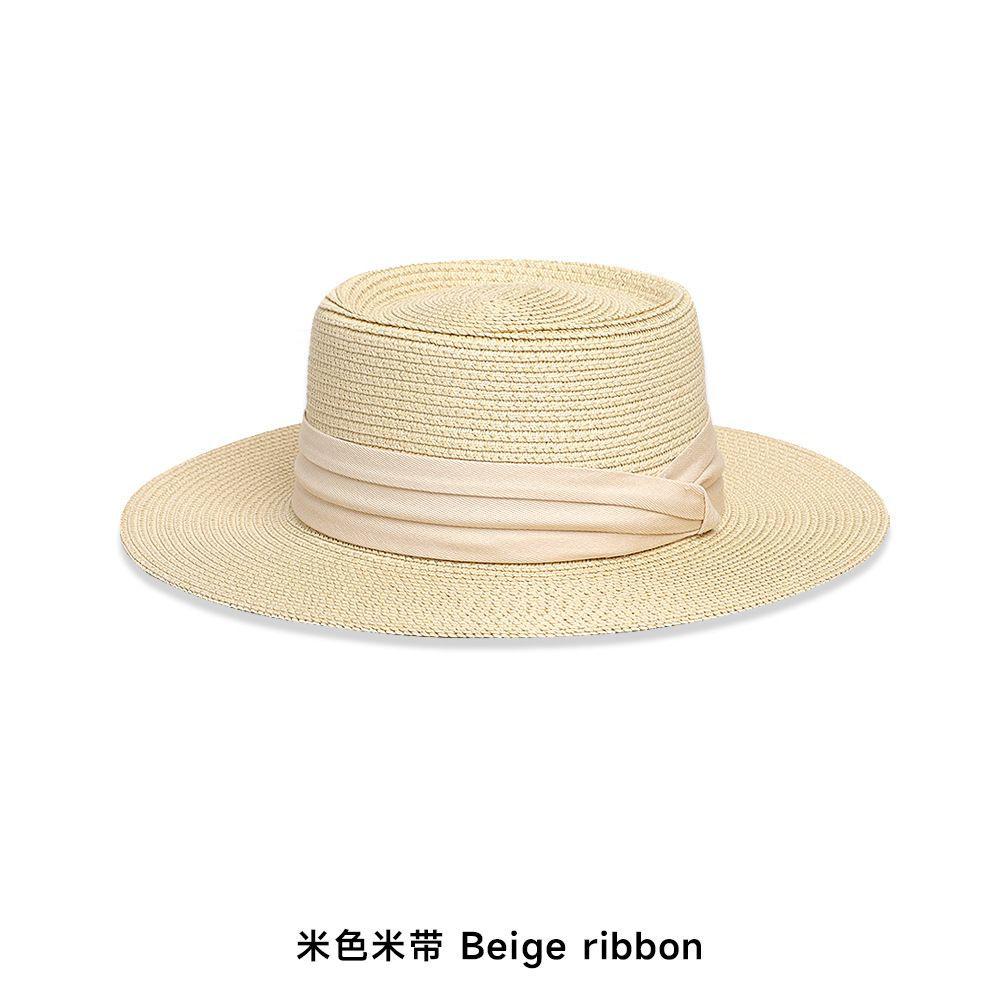 Straw Hat Women's Fashion Elegant Pleated Ribbon Flat-top Sunshade Hat Vacation Travel Sunscreen Hat