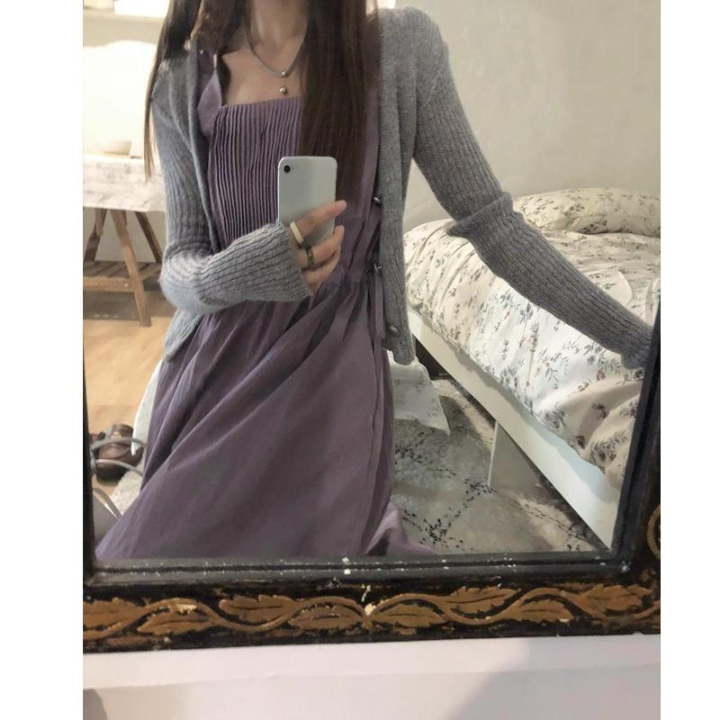 Korean Version Purple Suspender Dress for Women In Summer with Gentle Waist Style A-line Long Skirt