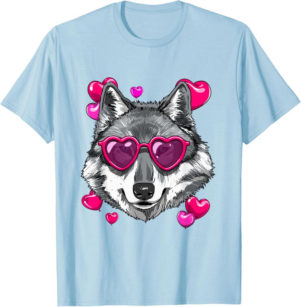 Wolf Lover Heart Sunglasses Valentine Graphic Tee Soft Casual Crewneck T-Shirt