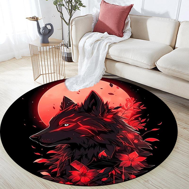 1pc Soft, Absorbent & Non Slip Black wolf Round Rug Soft Circle Rug for Living Room & Bedroom Decor, Chair Mats, and Unforgettable Home Gift