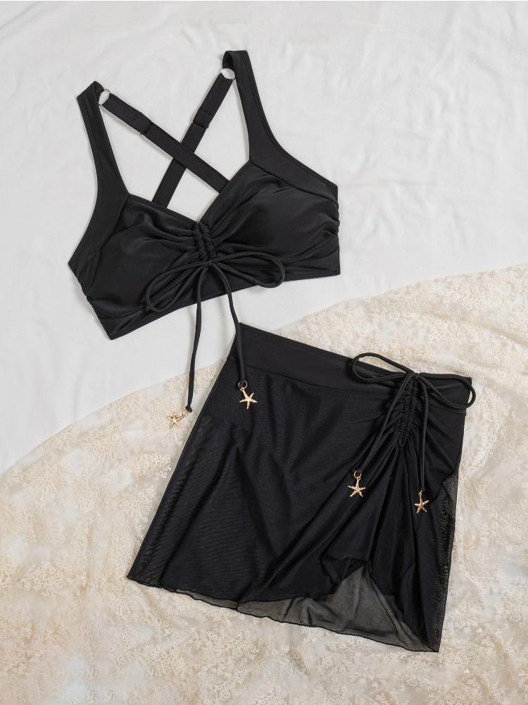 Solid Pendant Design Sexy Two Piece Bikini With Drawstring Skort Comfortable For Beach Vacation