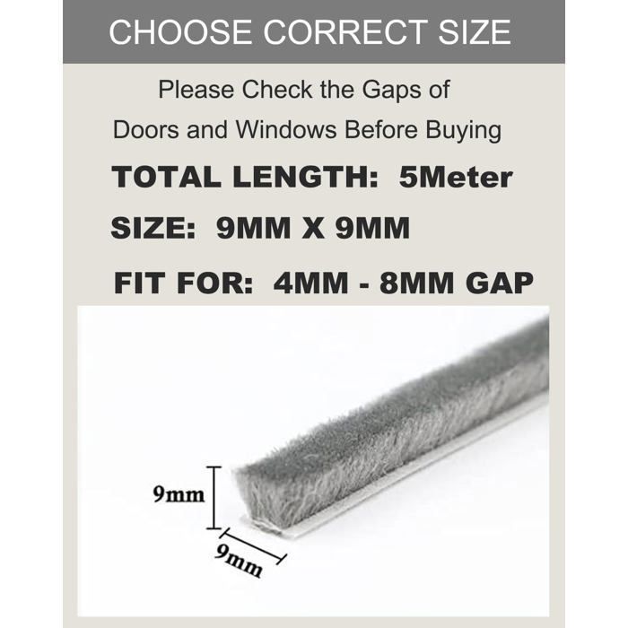 Joint d'étanchéité auto-adhésif 5 m x 9×9 mm - Bande isolante porte et fenêtre, gris