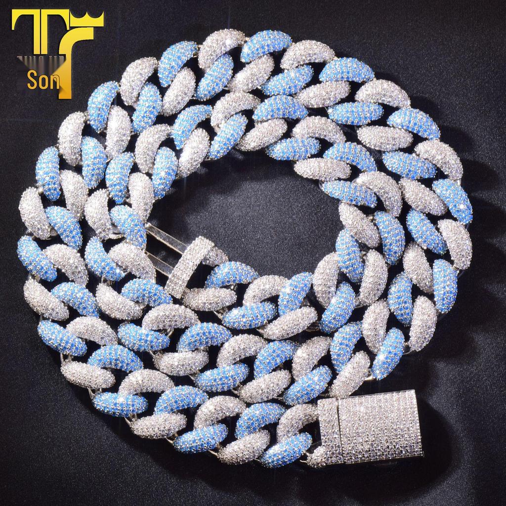 Silver Blue 14MM Cuban Link Necklace and Bracelet - European & American Hip Hop Fashion Trend Jewelry