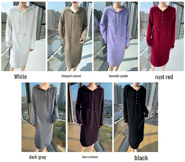 Versatile Hooded Knitted Dress - Autumn/Winter 2025: Slimming, Loose, Long Dress Shirt.