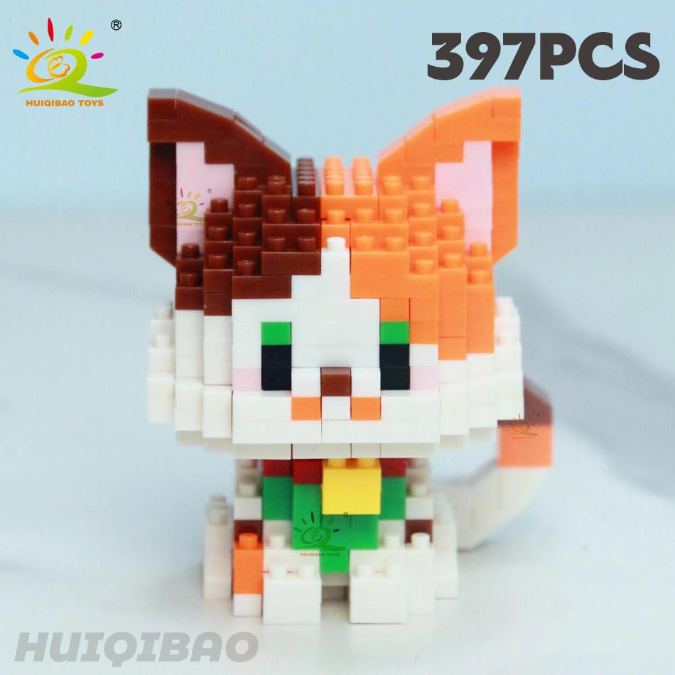 HUIQIBAO Cute Cat Micro Model Building Block Kids Mini Pets City Cartoon Animal Diamond Bricks Educational Toys Children Gift