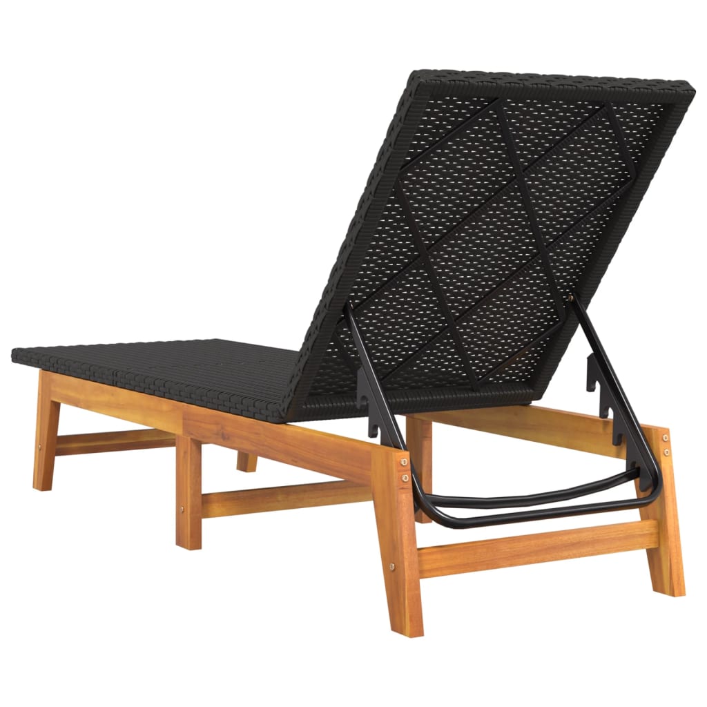 Sun Lounger in Black and Brown Poly Rattan & Solid Acacia Wood
