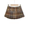 Early Spring Retro Color Block Plaid Woolen High Waist Pleated A-line Mini Skirt for Women