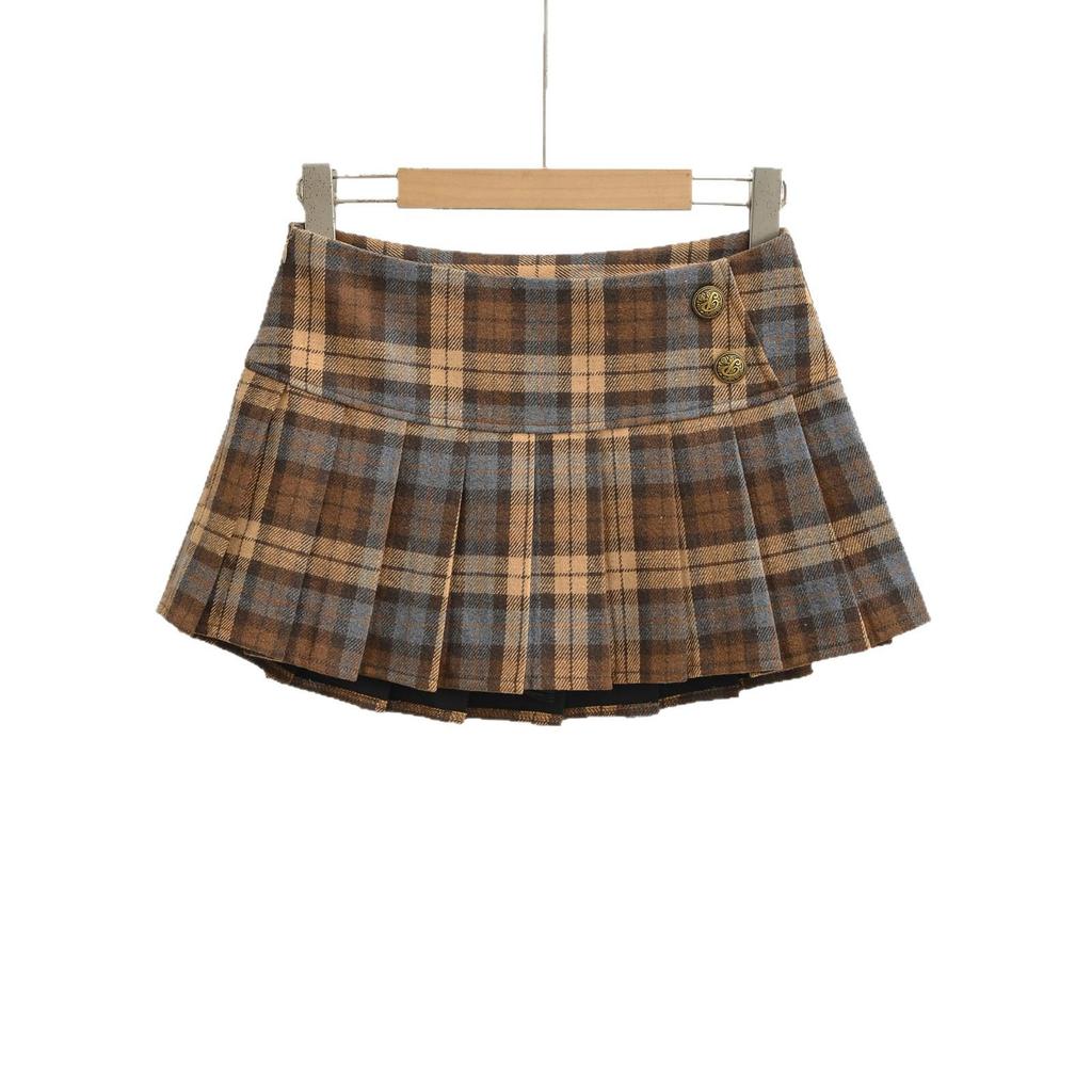 Early Spring Retro Color Block Plaid Woolen High Waist Pleated A-line Mini Skirt for Women