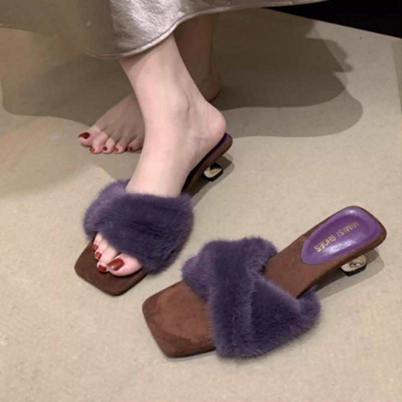 High heels French temperament purple fluffy slippers women's outer wear 2025 new autumn one-word plush cotton slippers
