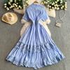 French gentle wind blue stand-up collar dress dress women's summer lace splicing waist thin ruffle edge dress