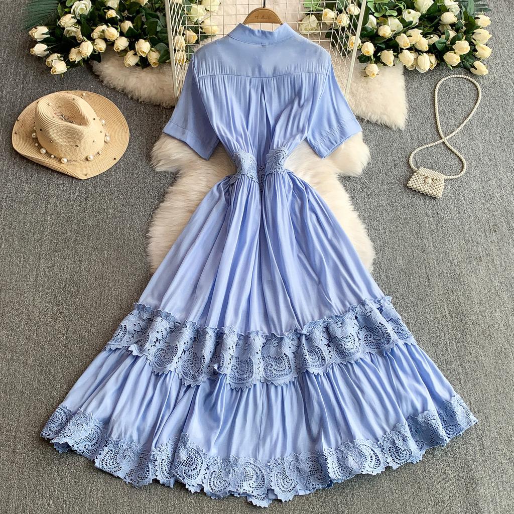 French gentle wind blue stand-up collar dress dress women's summer lace splicing waist thin ruffle edge dress