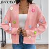 BITCED Hand-Crocheted Floral Sweet Knit Cardigan Sweater Jacket for Women Lazy-Chic Style Casual Oversized Knitwear