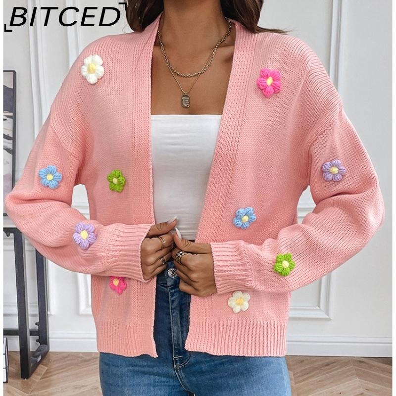 BITCED Hand-Crocheted Floral Sweet Knit Cardigan Sweater Jacket for Women Lazy-Chic Style Casual Oversized Knitwear