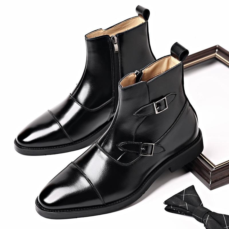 Fashion Men Short Boots Double Buckle Men's Ankle Boot Side Zipper Black Brown Business Pu Leather Size 38-46  Mens Boots