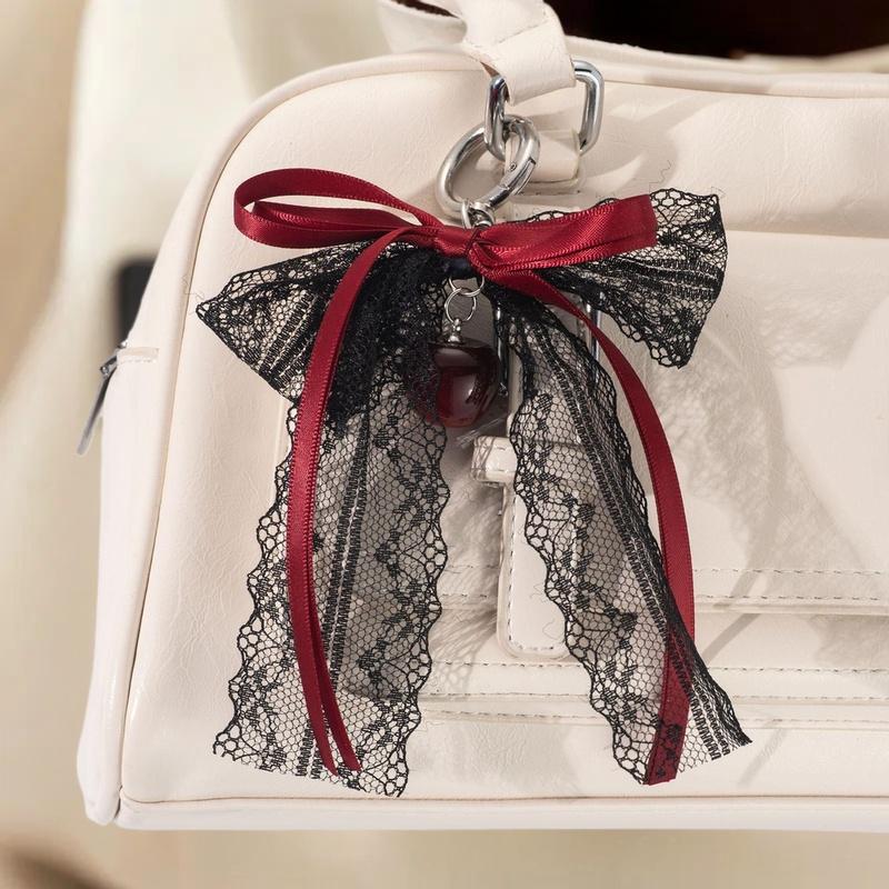 Lace bow Keychain Hollow Red Ribbon Cherry Y2k Fashion Design Charm Delicate Backpack Key Chain Valentine's Day Gift Accessories