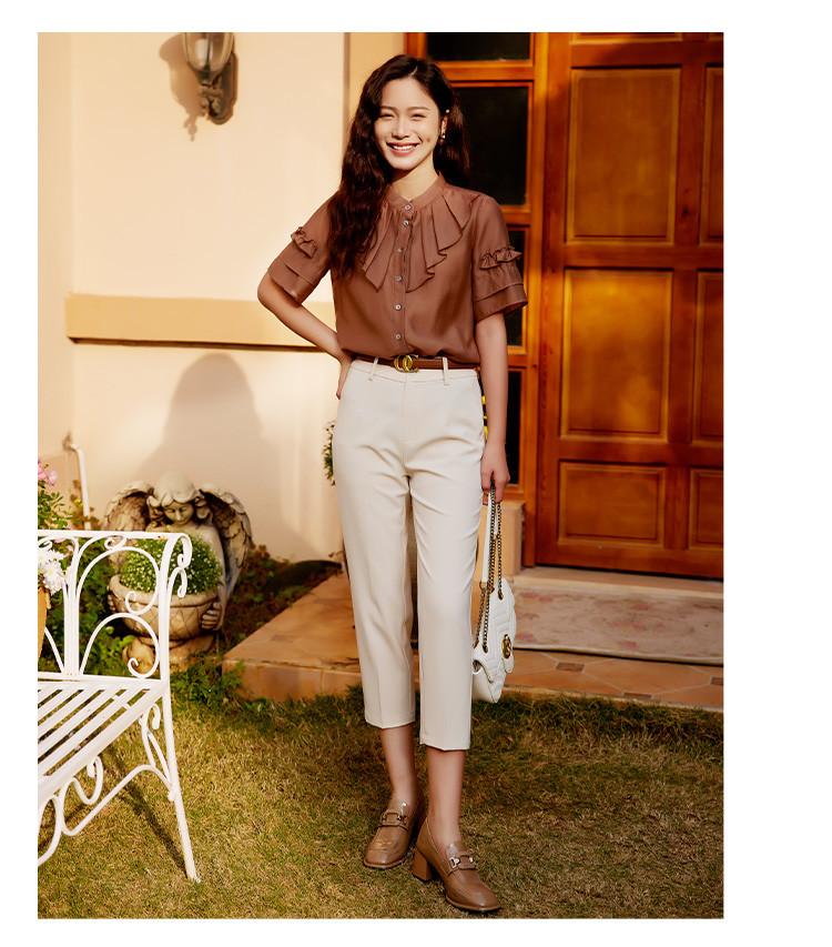 [Shirt] Summer solid color temperament commuting elegant slimming women's short-sleeved top