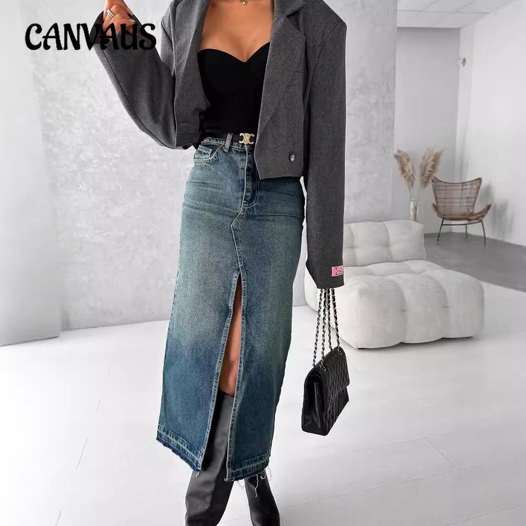 Women's Retro Fashion High-waisted Open Denim Skirt Slim Package Hip Skirt Medium-length Half-body Skirt