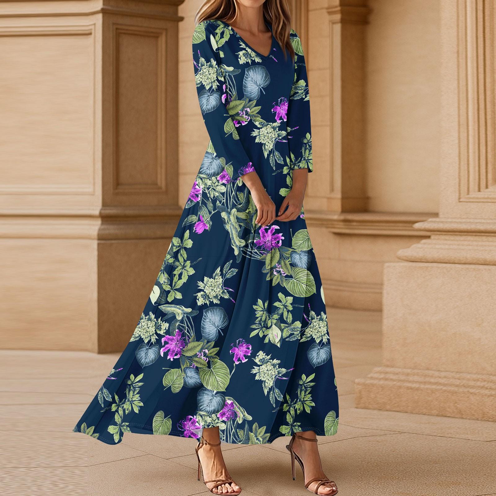 

Платья для женщин Винтажное цветочное туниковое платье миди с завышенной талией Летнее повседневное платье с рукавом 3/4 XL тёмно-синий