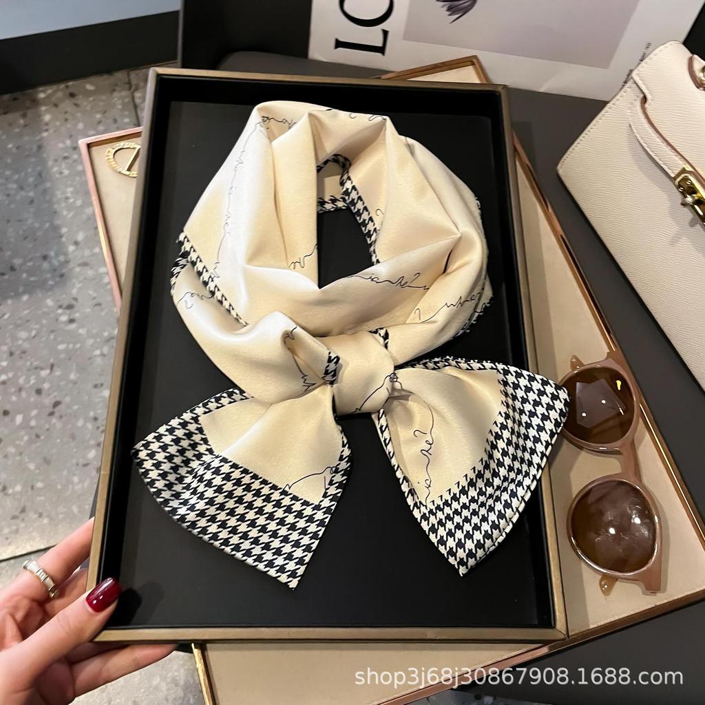 Long Silk Scarf Women's New Small Silk Scarf Printing Simulation Silk Tied Bag Streamer Explosion Sweet Little Scarf
